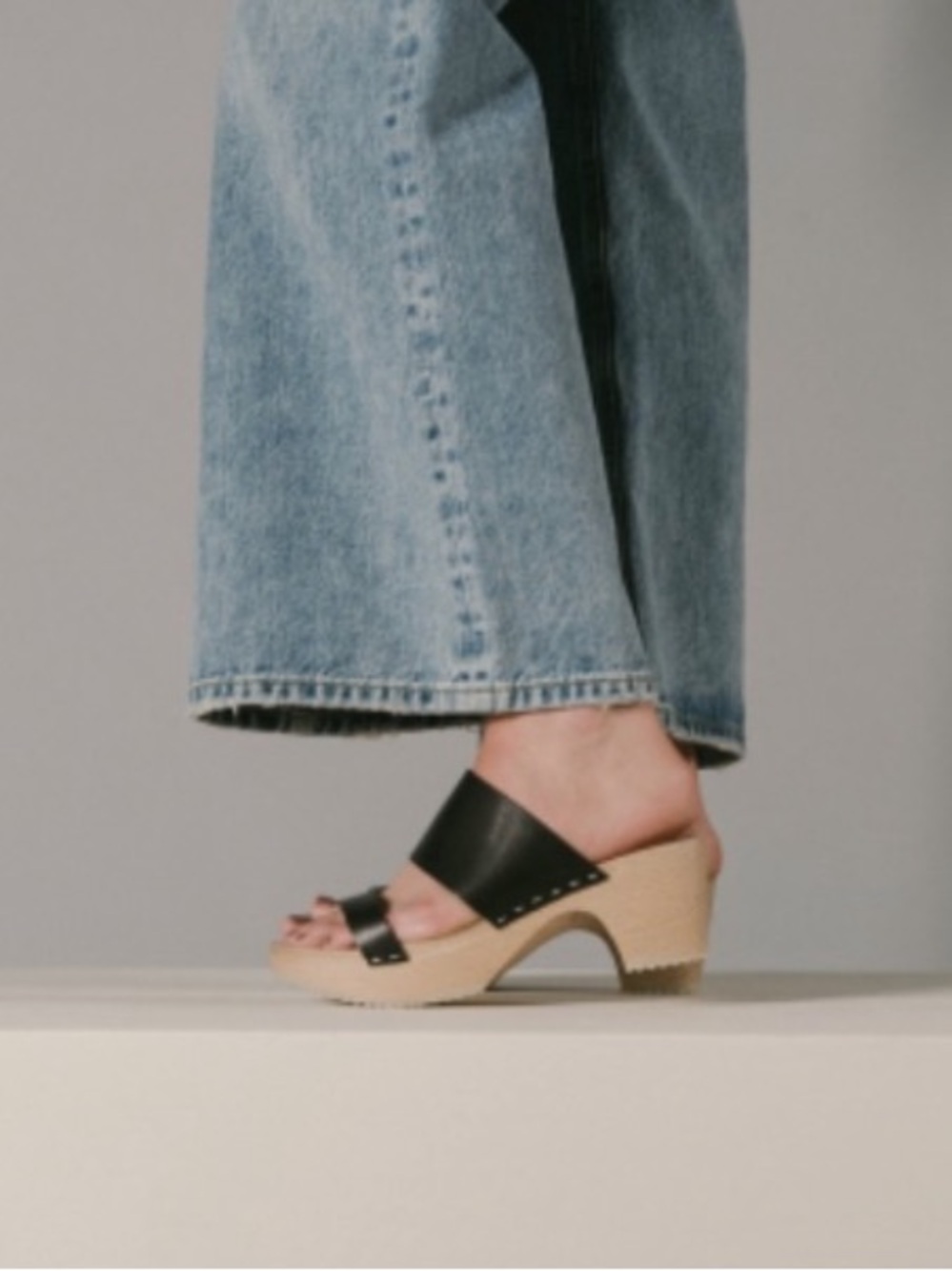 Anthropologie Black Leather Two-Band Wooden Clog Sandals - Picture 4 of 10